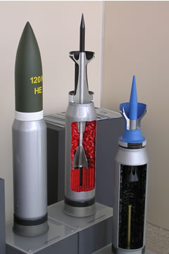 120mm tank ammunition from Rheinmetaal - HE left KE center and KE/TP right